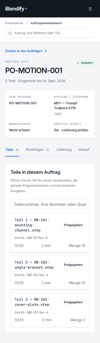 Mobiler Arbeitsbereich von Auftrag 197 mit drei Teilekarten