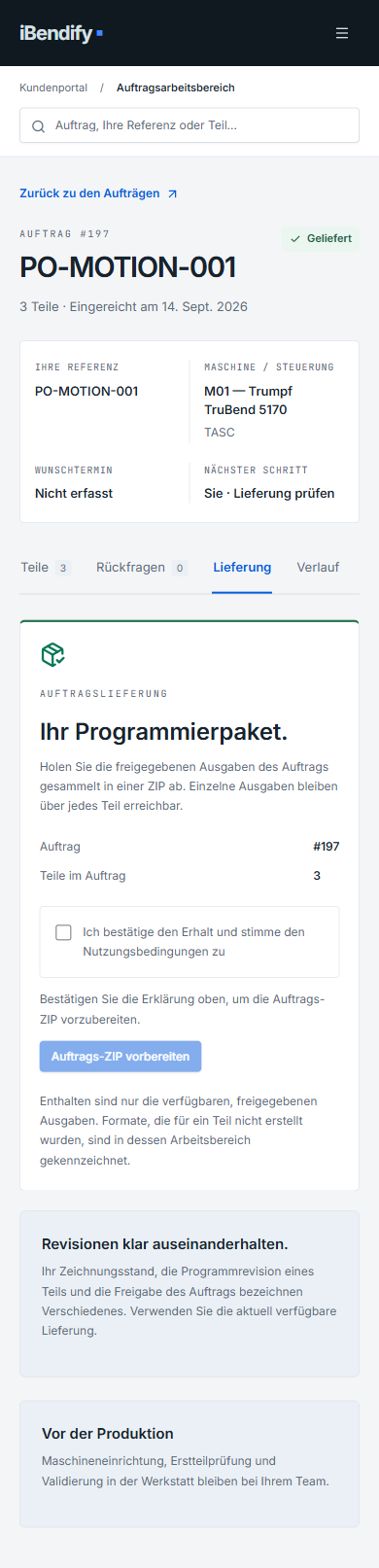 Gelieferter Auftrag auf dem Mobilgerät mit Bestätigung und Schaltfläche „Auftrags-ZIP vorbereiten“