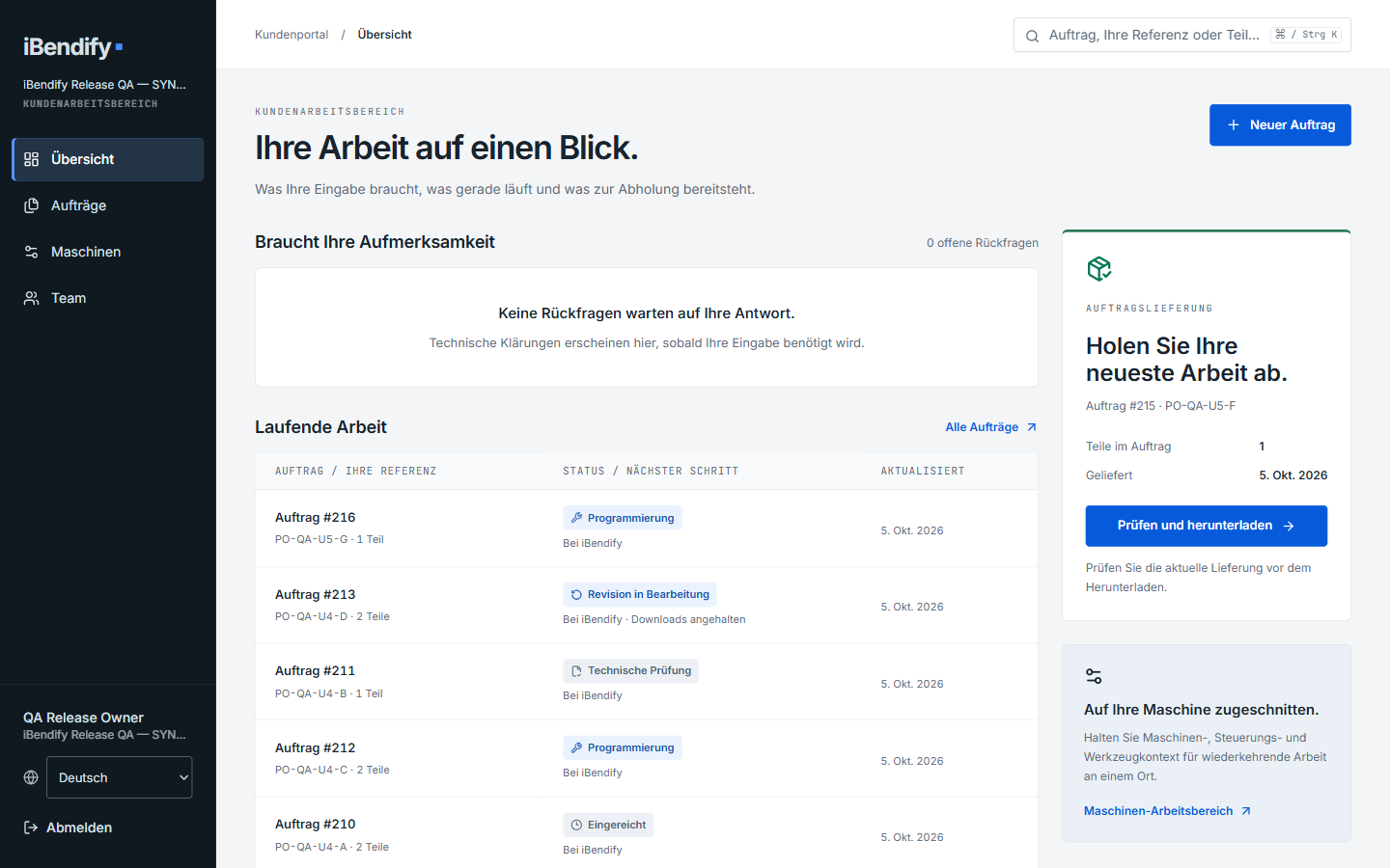 Vollständige Übersicht des Kundenportals mit Seitenleiste, aktiven und gelieferten Aufträgen