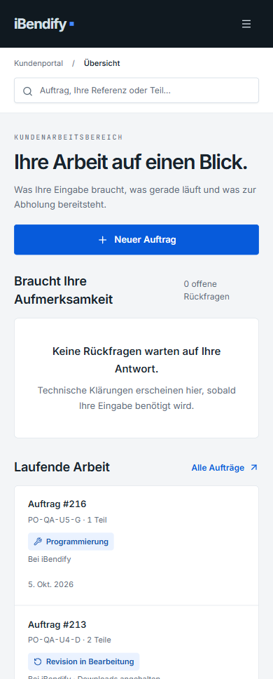 Mobile Portal-Übersicht mit kompakter Navigation, laufender Arbeit und Lieferhistorie