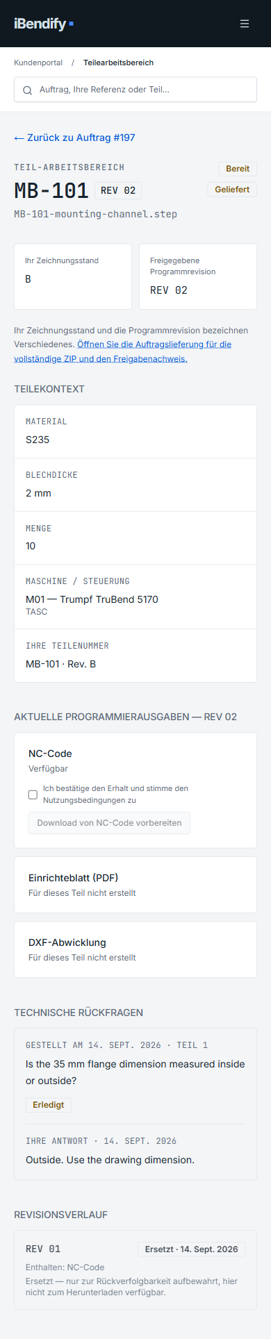 Echter Teile-Arbeitsbereich: MB-101 Rev. B, aktuelle Programmierausgaben REV 02 und verfügbarer NC-Code mit Download-Aktion