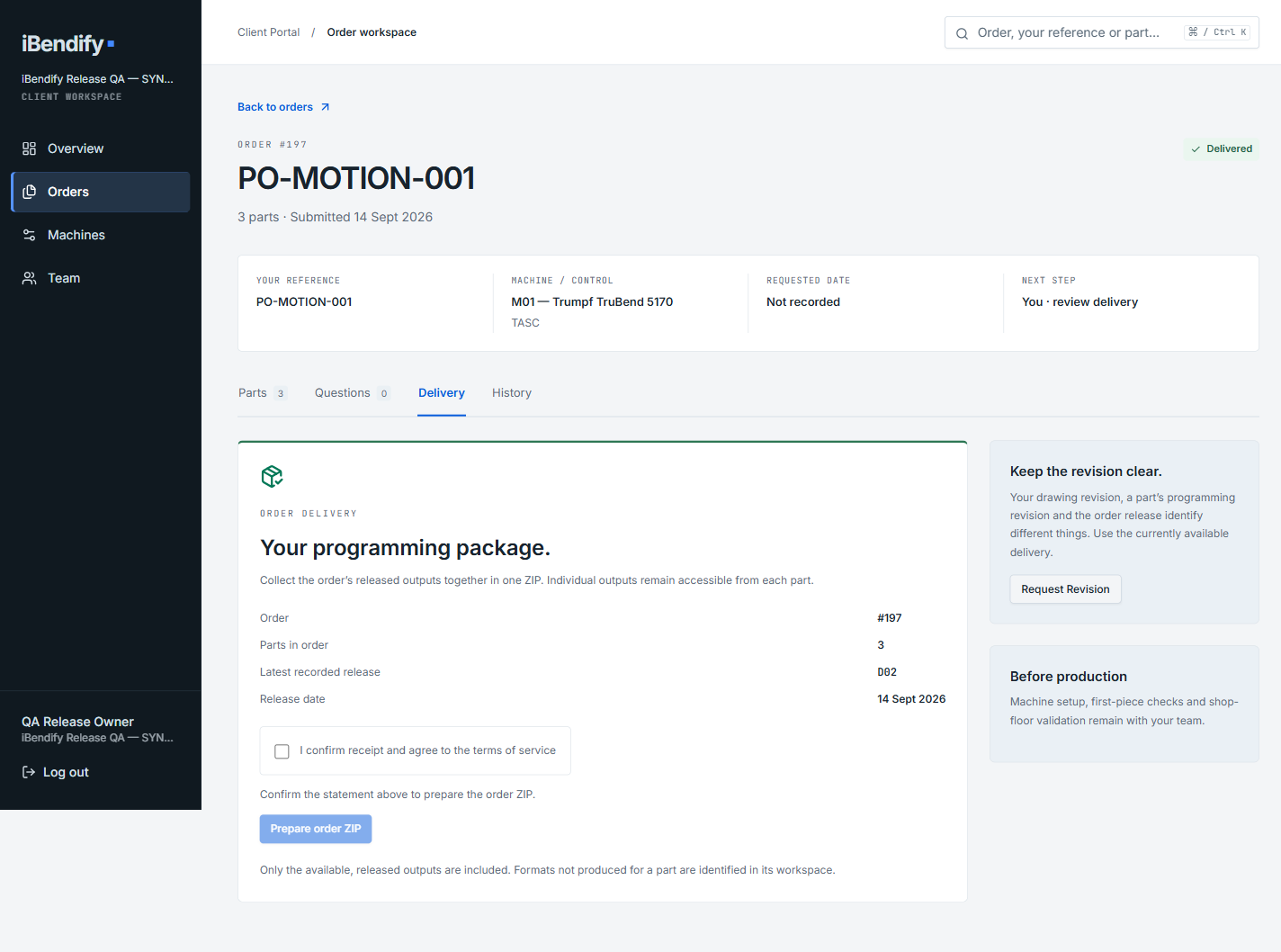 Delivered Order 197 with acknowledgement checkbox and Download Package ZIP action