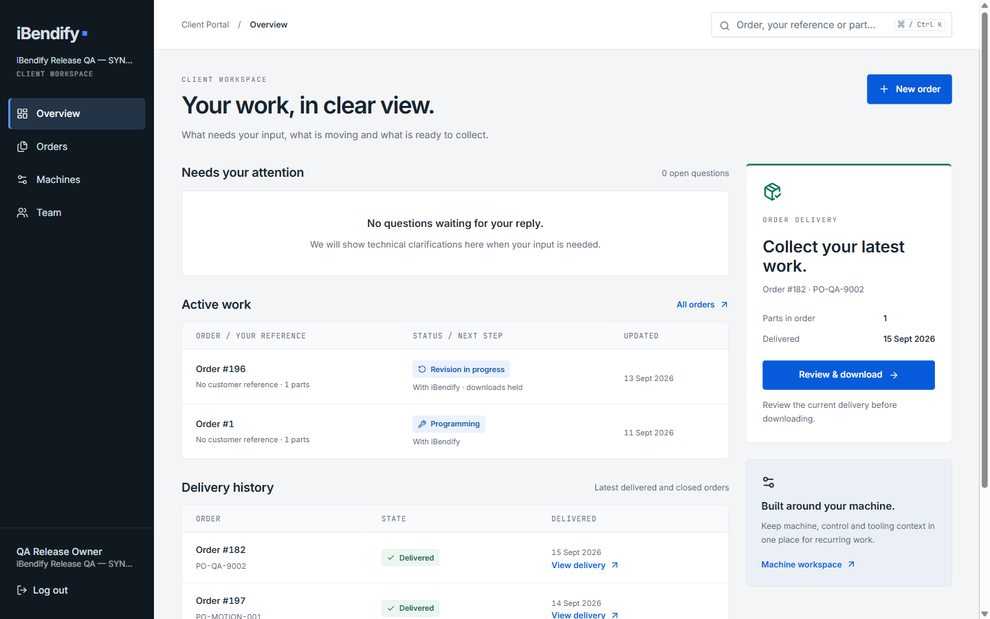 Complete client Portal Overview with sidebar, active orders and delivered orders