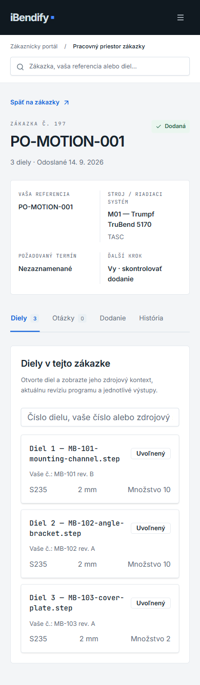 Mobilný pracovný priestor zákazky 197 s tromi kartami dielov