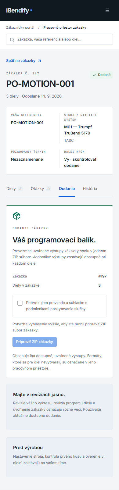 Dodaná zákazka na mobile s potvrdením a tlačidlom Pripraviť ZIP zákazky