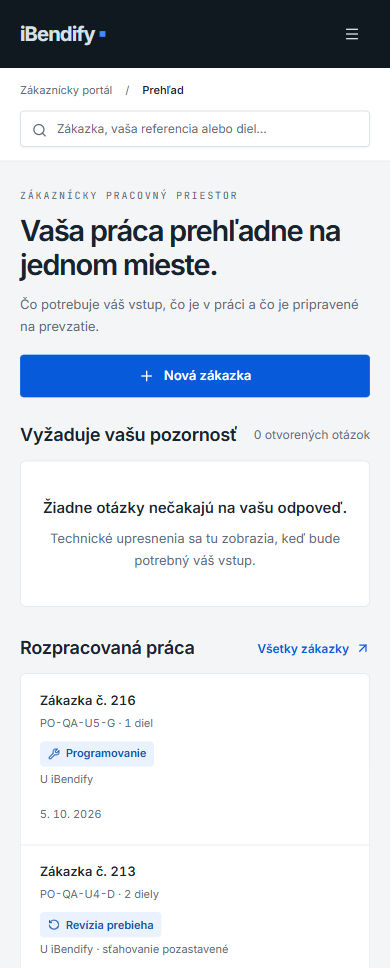 Mobilný prehľad portálu s kompaktnou navigáciou, rozpracovanou prácou a históriou dodaní